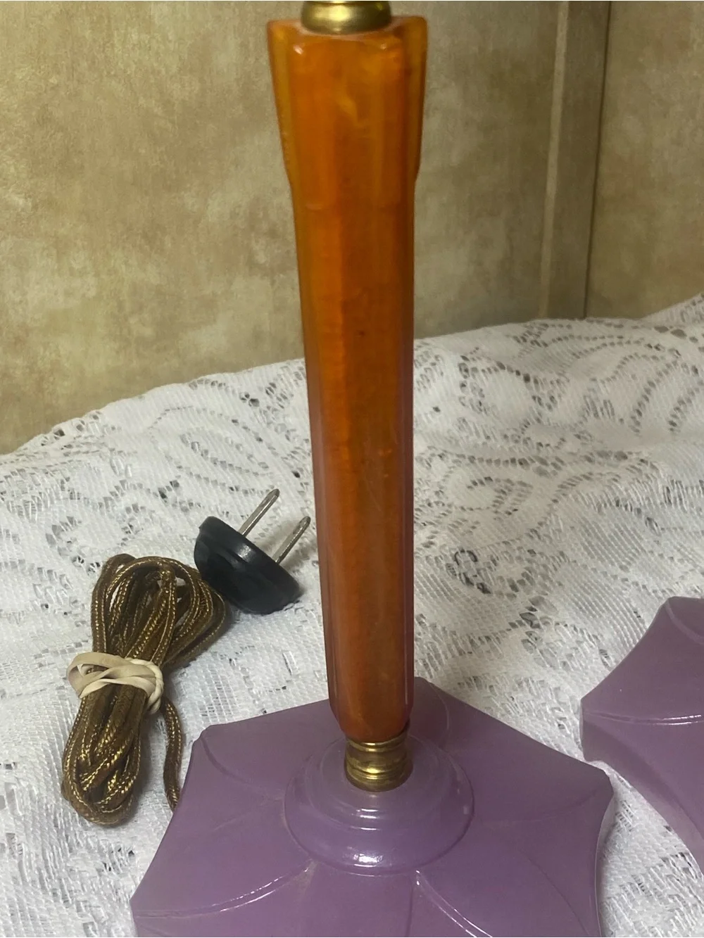 1930s Houze Glass Boudoir Lamps Pressed Glass Butterscotch Bakelite Set Art Deco